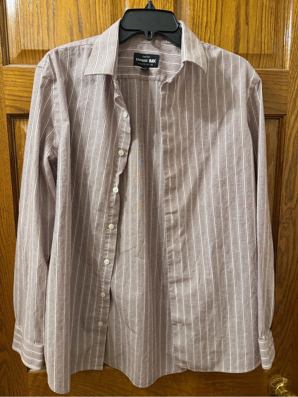 Express Men’s Pink and White Vertical Stripe Dress Shirt